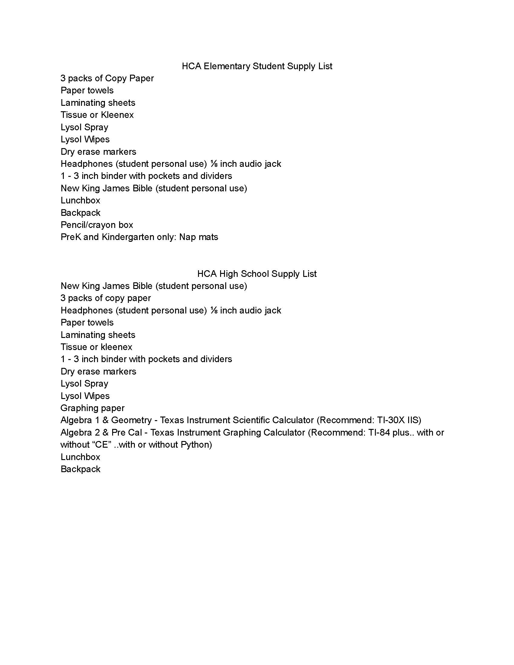 20242025 School Supply Lists Hope Christian Academy